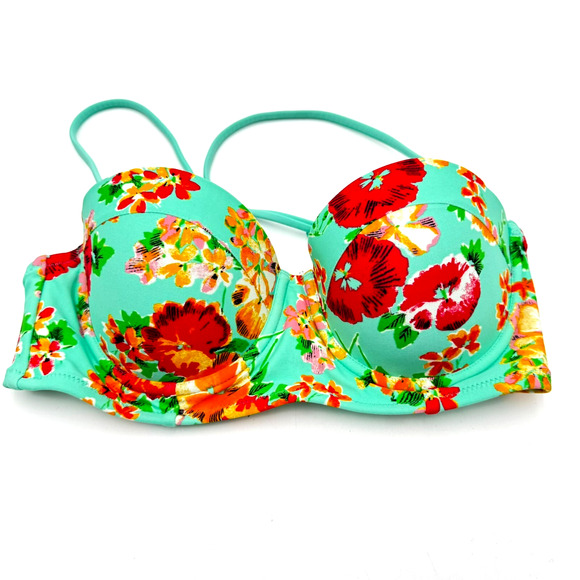 AERIE 32D Teal Pink Floral Hibiscus Tropical Padded Push Up Bikini Top Swimwear - Picture 2 of 6